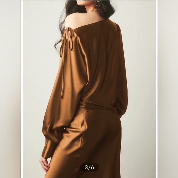 Satin Asymmetrical Cold Shoulder Tie Blouse - Picture 6 of 12